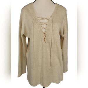 ASTR The Label Lace Up V-Neck Knit Sweater Cream Boho Tunic Top Sz M